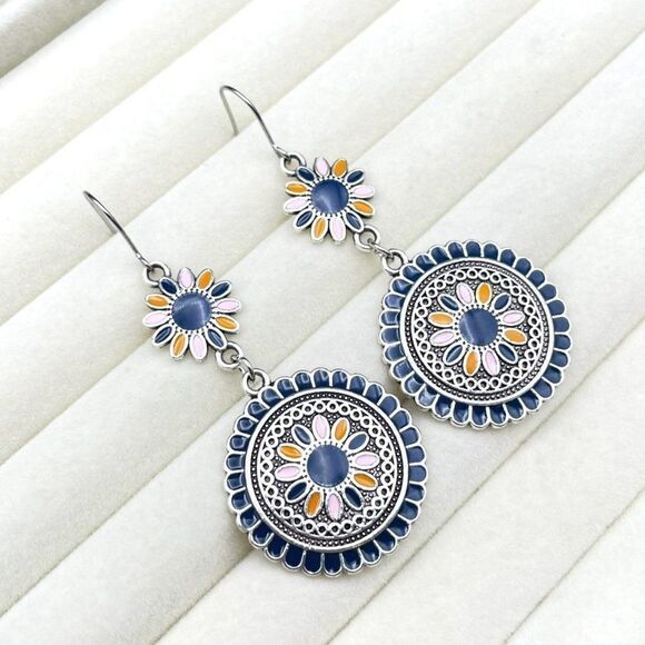 Silver with Blue Pink and Orange Enamel Dangling Boho Flower Drop Hook Earrings - Picture 5 of 9